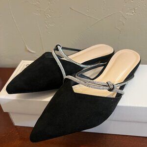 Women's Sleek Dressy Mule Flats with Rhinestones Slip Ons - Size 6.5